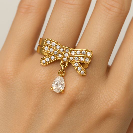 Luxury Bow Ring with Teardrop Gem – Adjustable & Gold-Tone Finish