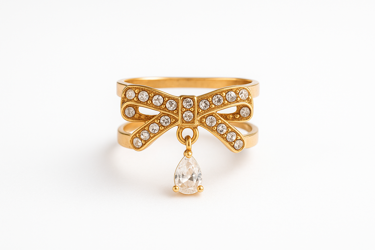 Luxury Bow Ring with Teardrop Gem – Adjustable & Gold-Tone Finish
