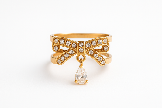 Luxury Bow Ring with Teardrop Gem – Adjustable & Gold-Tone Finish